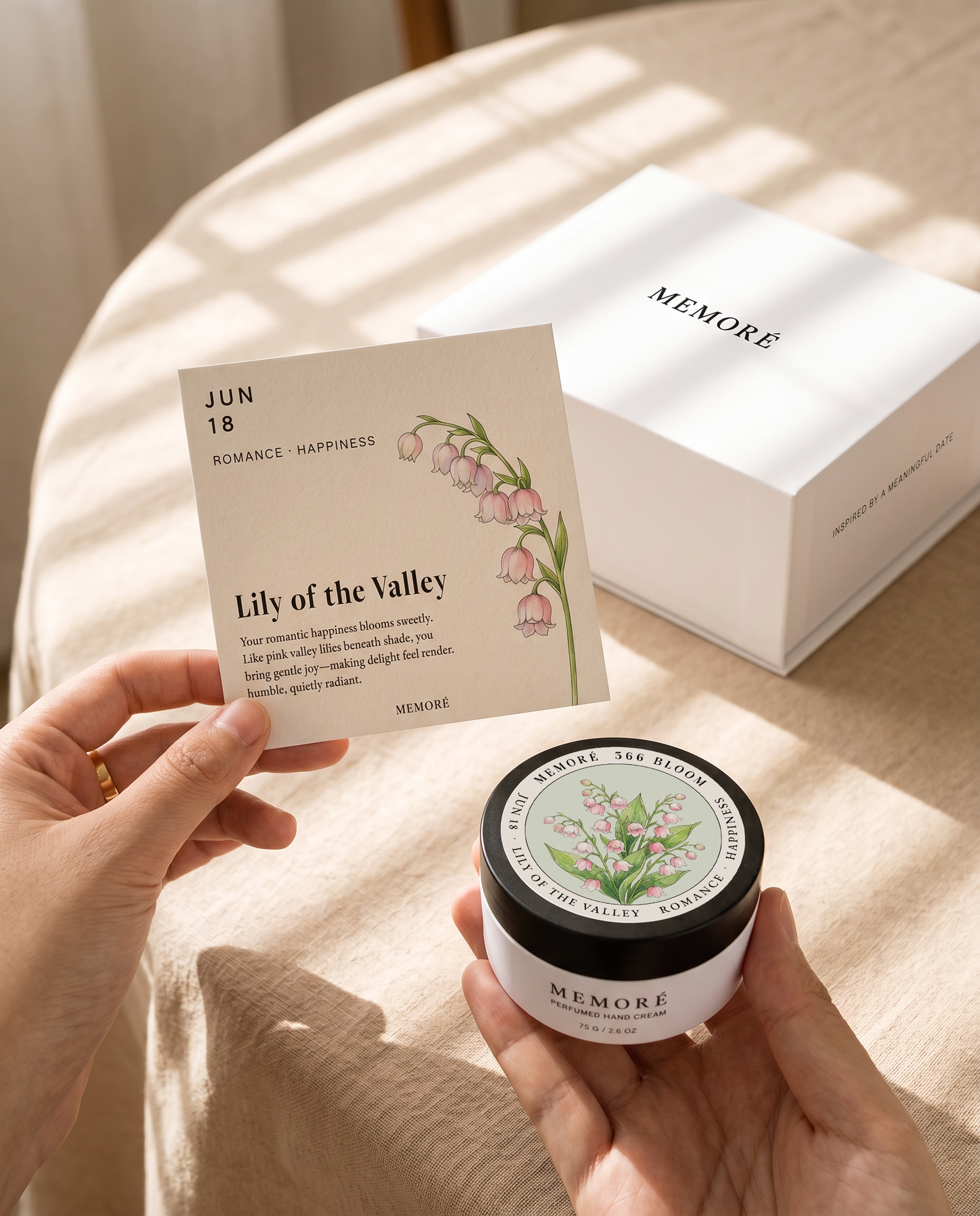 holding Memoré cream and the birthday bloom message card