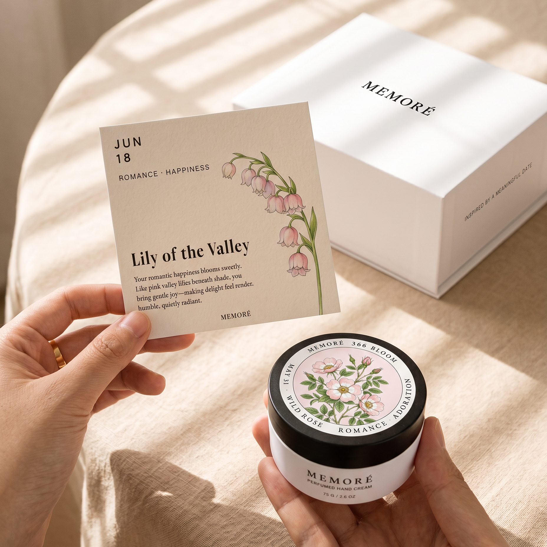 holding Memoré cream and the birthday bloom message card
