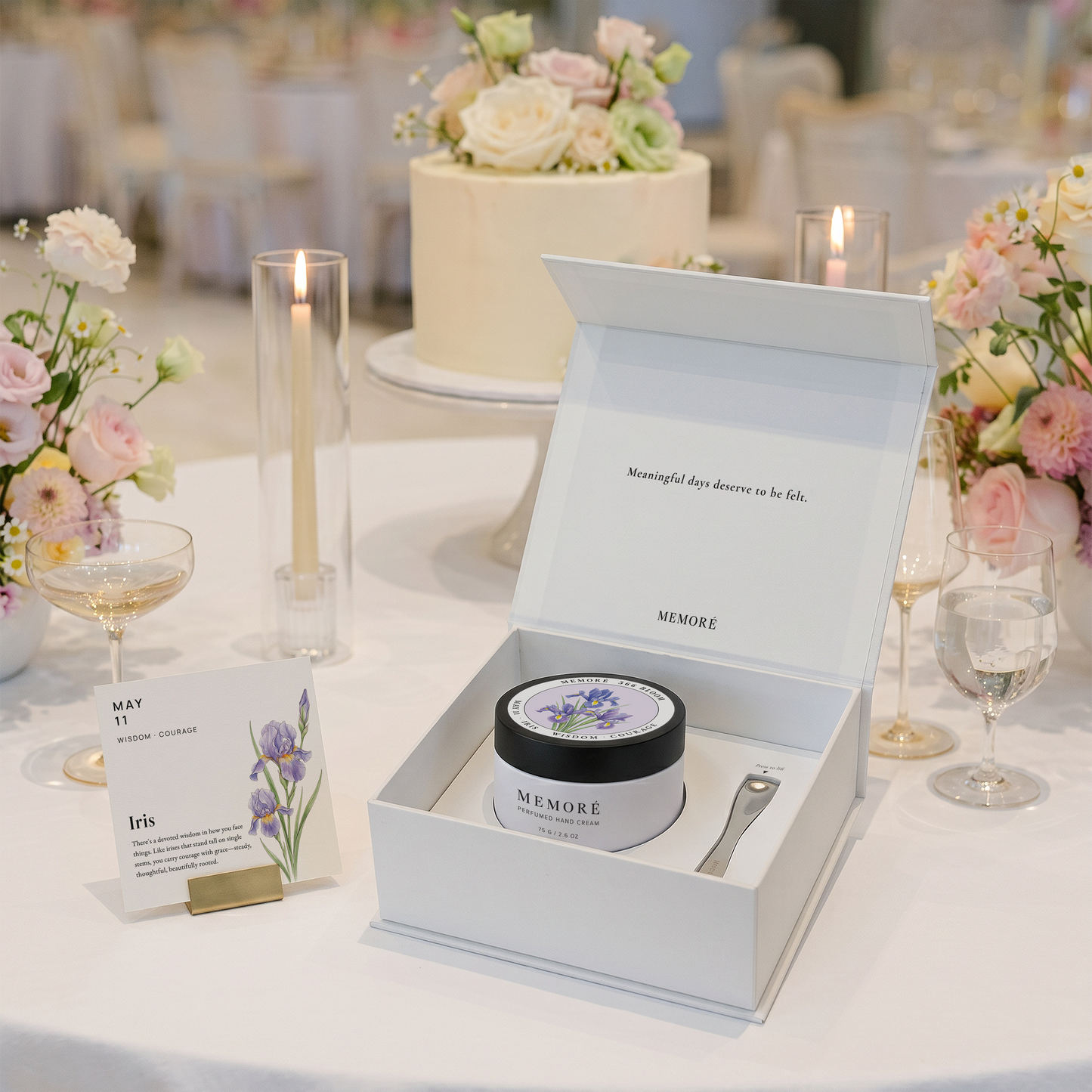 366 Bloom birthday gift by Memoré — gift-ready box with personalized bloom hand cream and birthday card, presented at a celebration