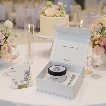 366 Bloom birthday gift by Memoré — gift-ready box with personalized bloom hand cream and birthday card, presented at a celebration