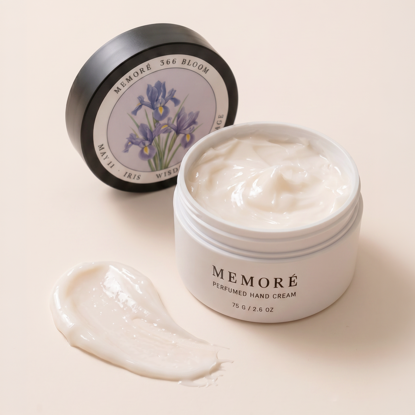 366 Bloom Perfumed Hand Cream open jar showing cream texture — Iris botanical design for May 11 birthday | Memoré