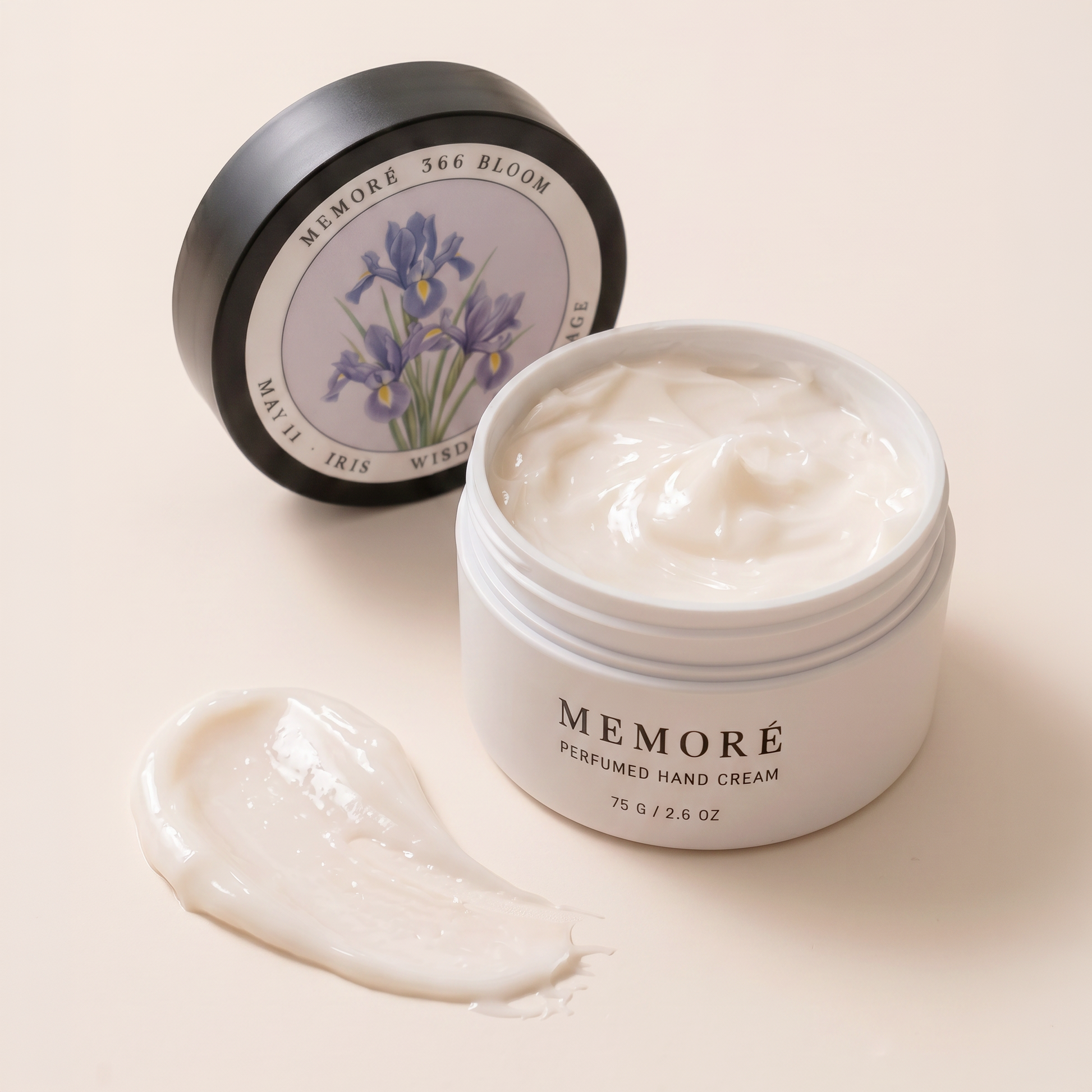 366 Bloom Perfumed Hand Cream open jar showing cream texture — Iris botanical design for May 11 birthday | Memoré