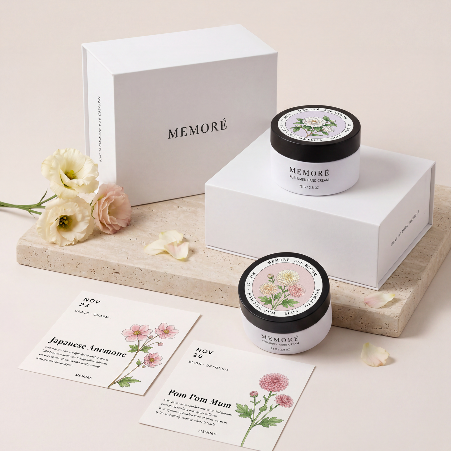 Memoré 366 Bloom personalized birthday gift — two unique botanical bloom designs with birth date cards and gift box