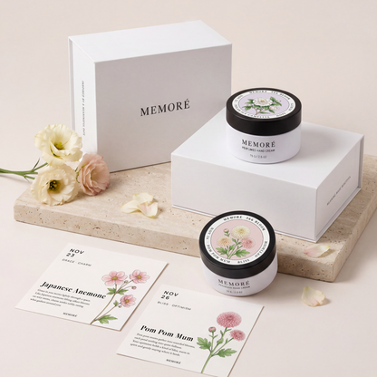 Memoré 366 Bloom personalized birthday gift — two unique botanical bloom designs with birth date cards and gift box