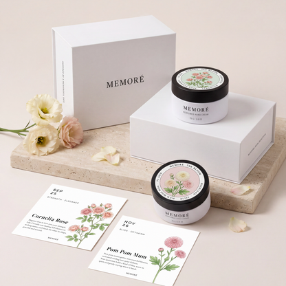 Memoré 366 Bloom personalized birthday gift — two unique botanical bloom designs with birth date cards and gift box