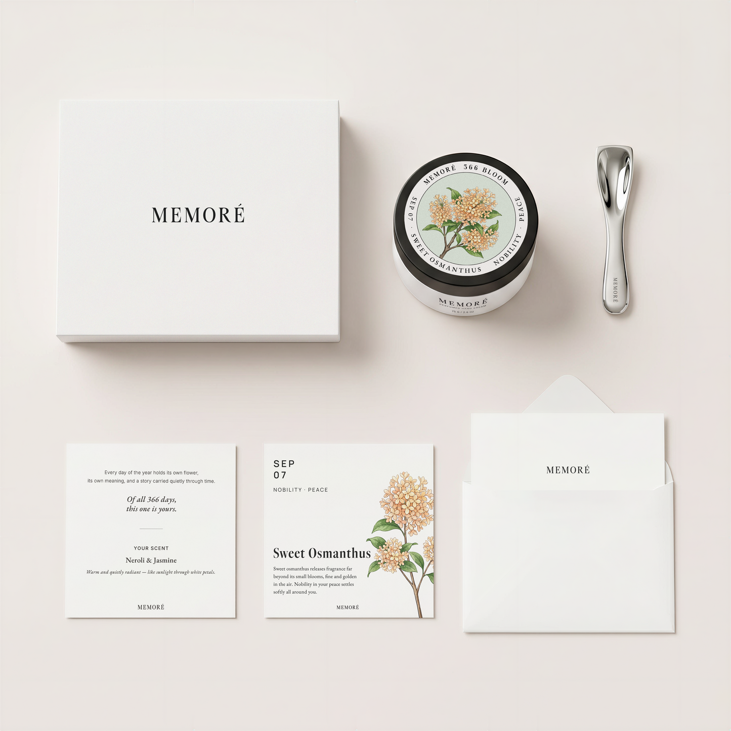 366 Bloom by Memoré — complete gift set with magnetic box, perfumed hand cream, bloom card, and spatula — personalized birthday gift