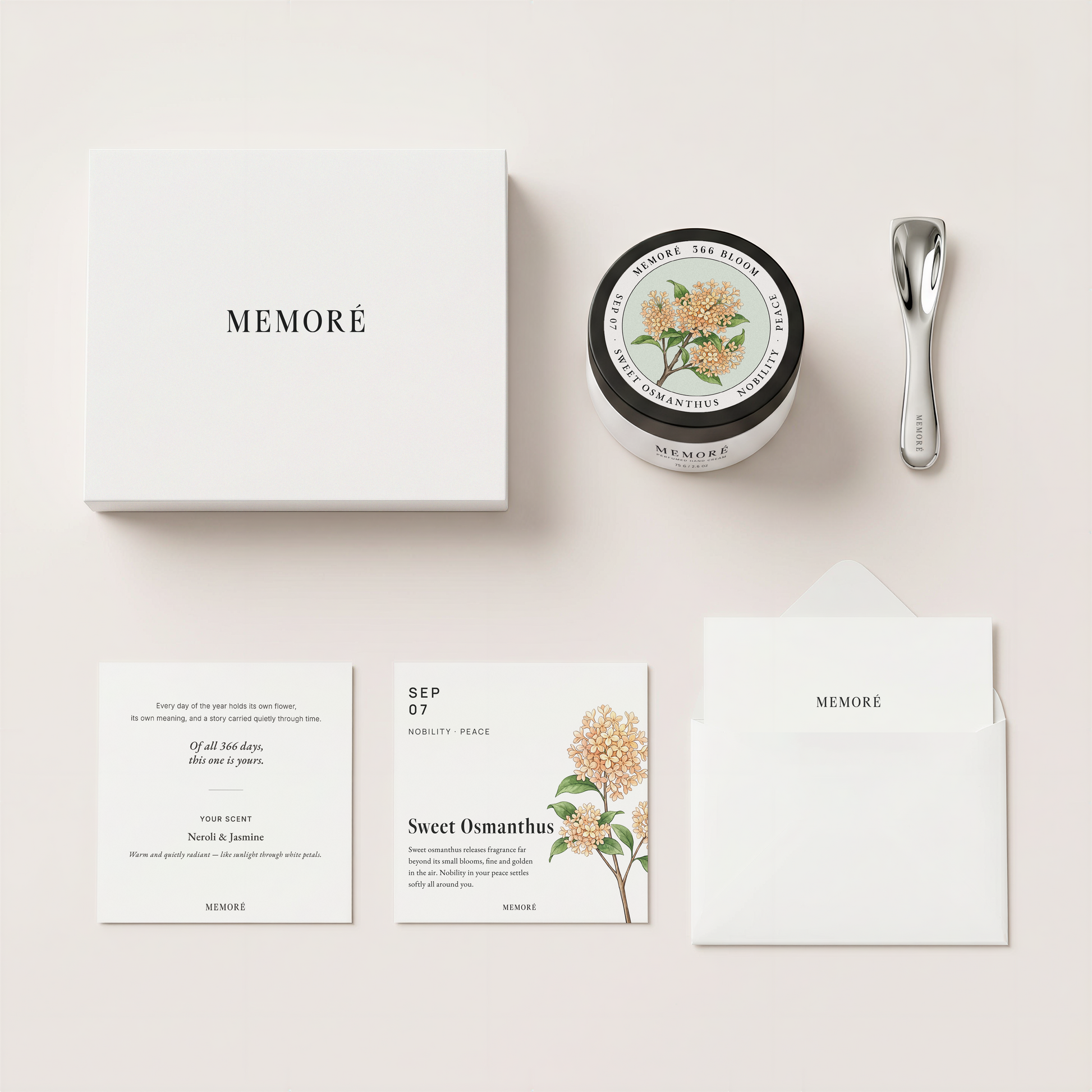 366 Bloom by Memoré — complete gift set with magnetic box, perfumed hand cream, bloom card, and spatula — personalized birthday gift